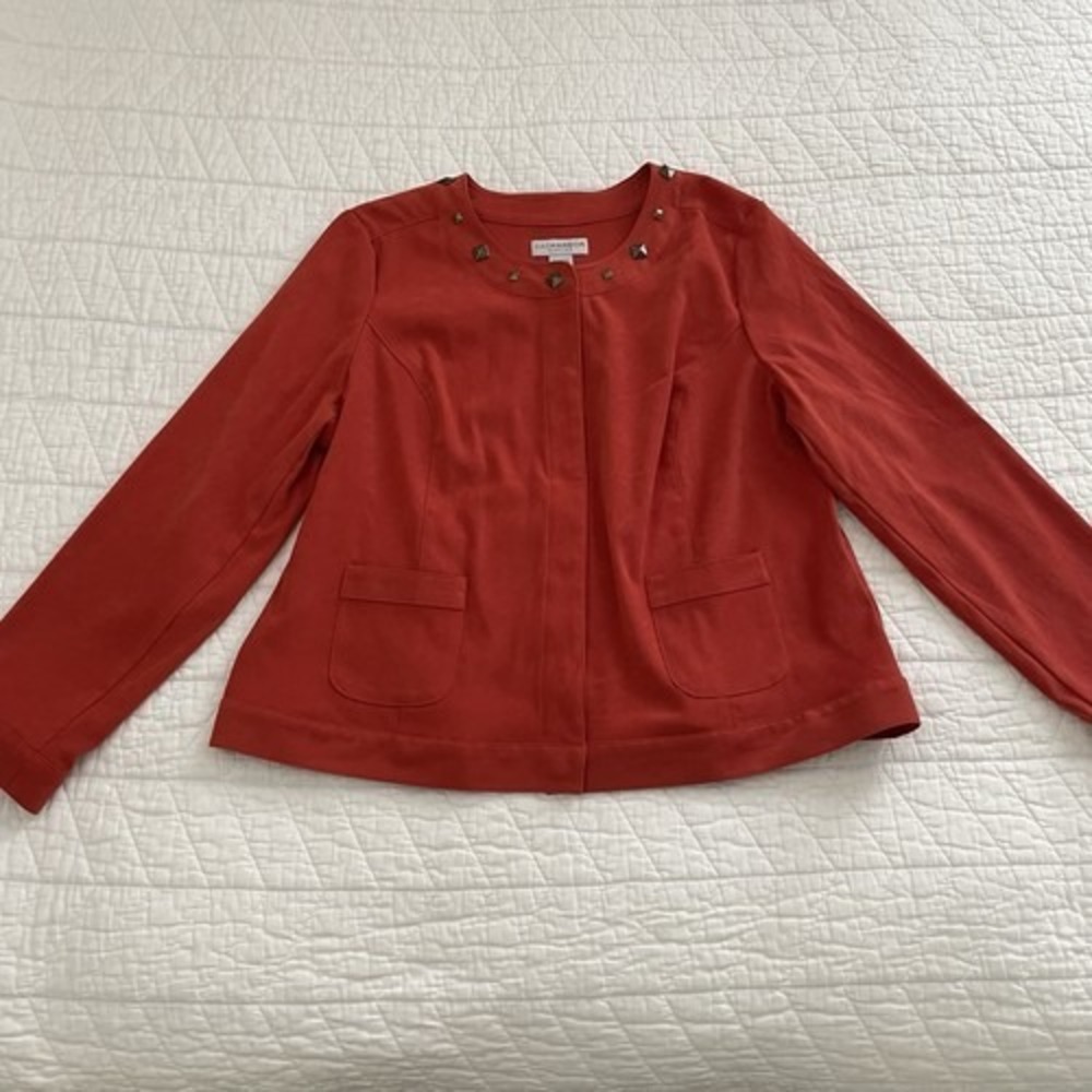 Sag Harbor Women's Red Studded Neck Snap Front Jacket Pockets Long Sleeve XL
